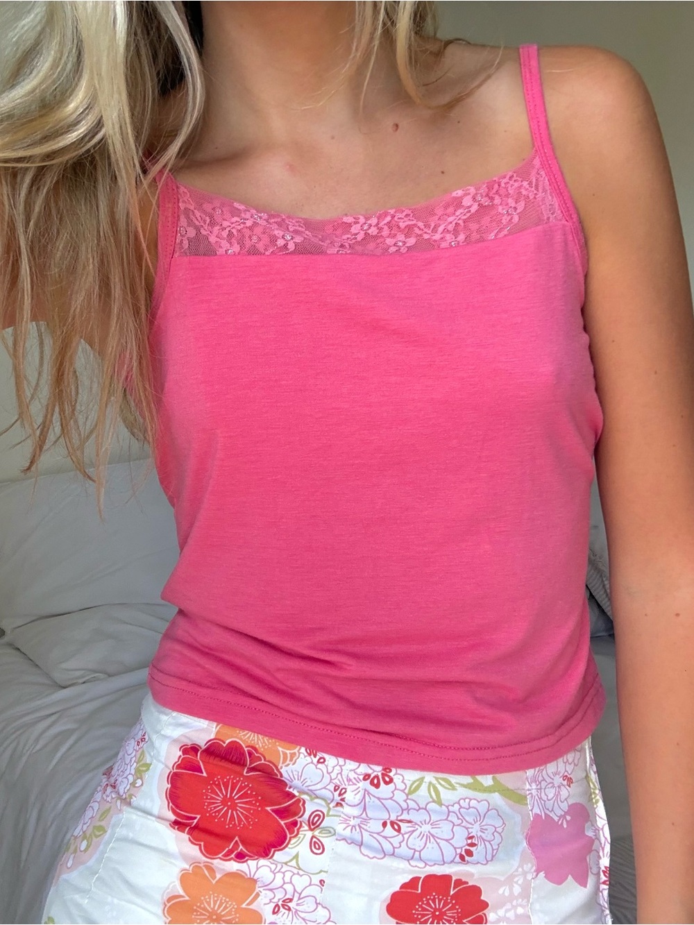 vintage Pink Lace-Trim Camisole Tank Top